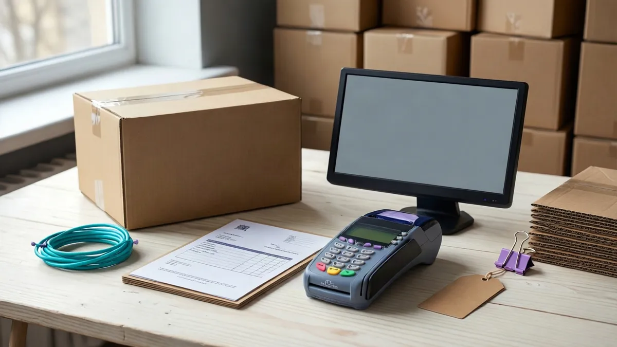 An abstract e-commerce workspace with a laptop, shipping boxes and a coffee cup, styled with clean editorial composition